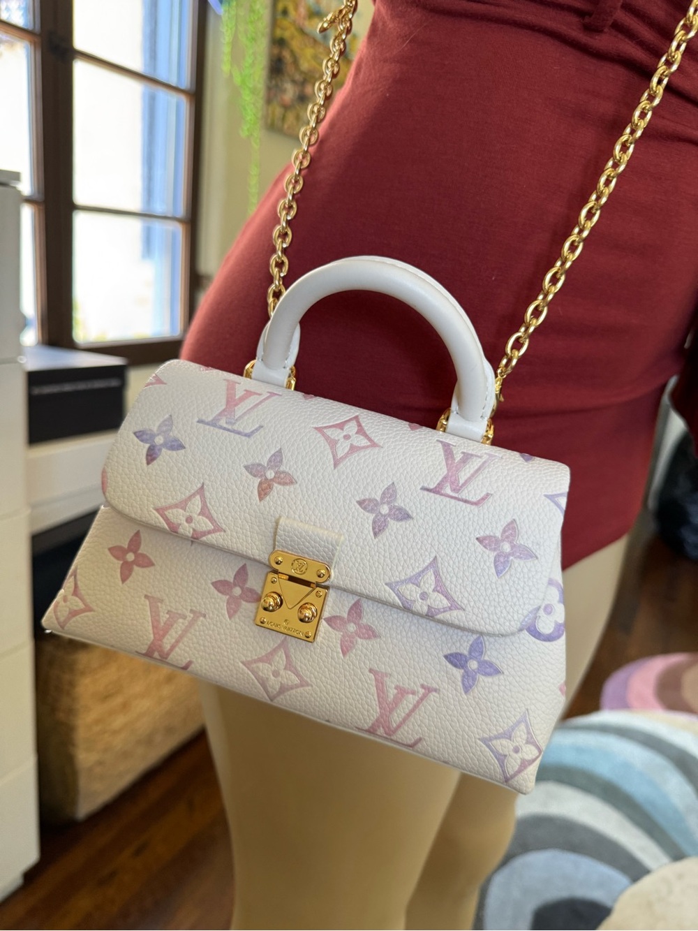 Louis Vuitton Inspired White Mini Top Handle Bag with Pastel Monogram - Picture 2 of 15